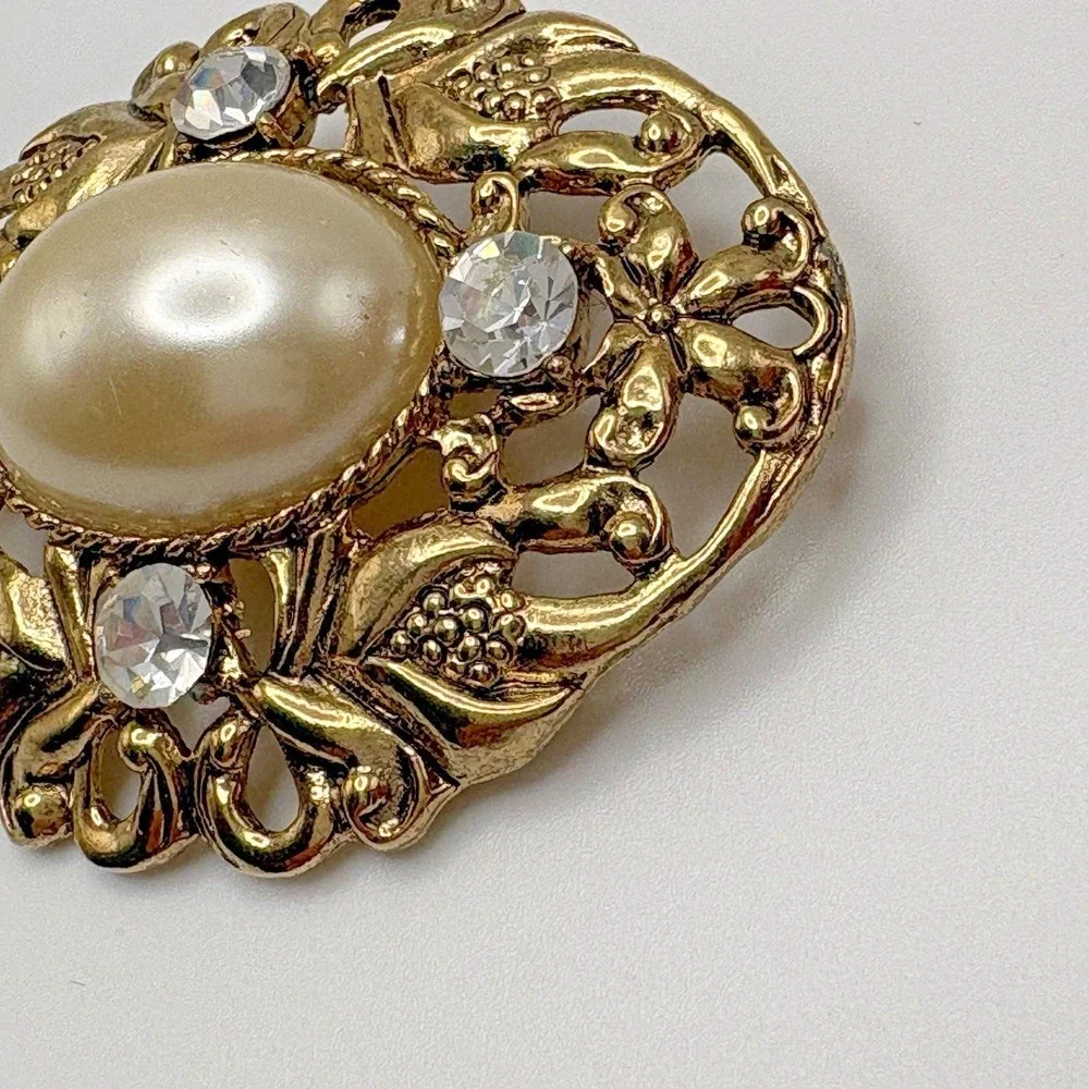 Vintage Victorian Revival Brooch Faux Pearl Scrollwork Floral Gold Tone